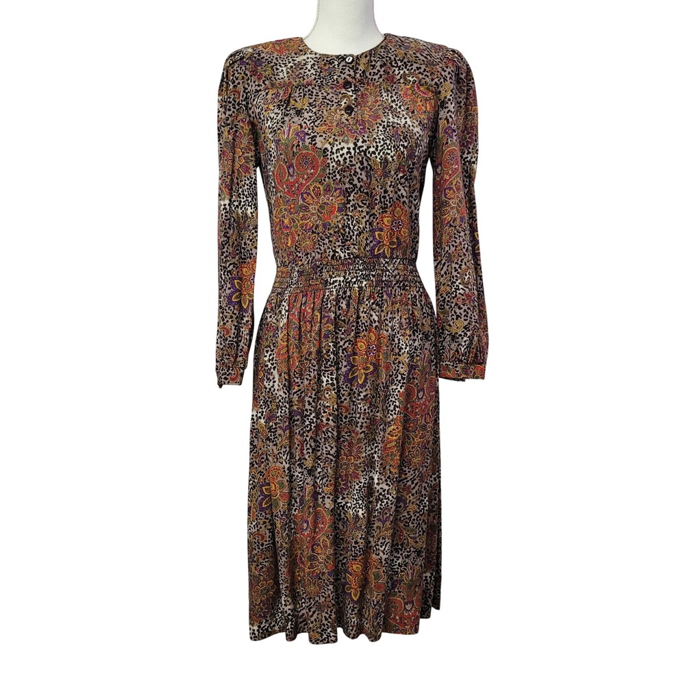 Taurus II Vintage 80s Leopard‎ Paisley Rayon Midi Dress Shoulder Pads Size 8